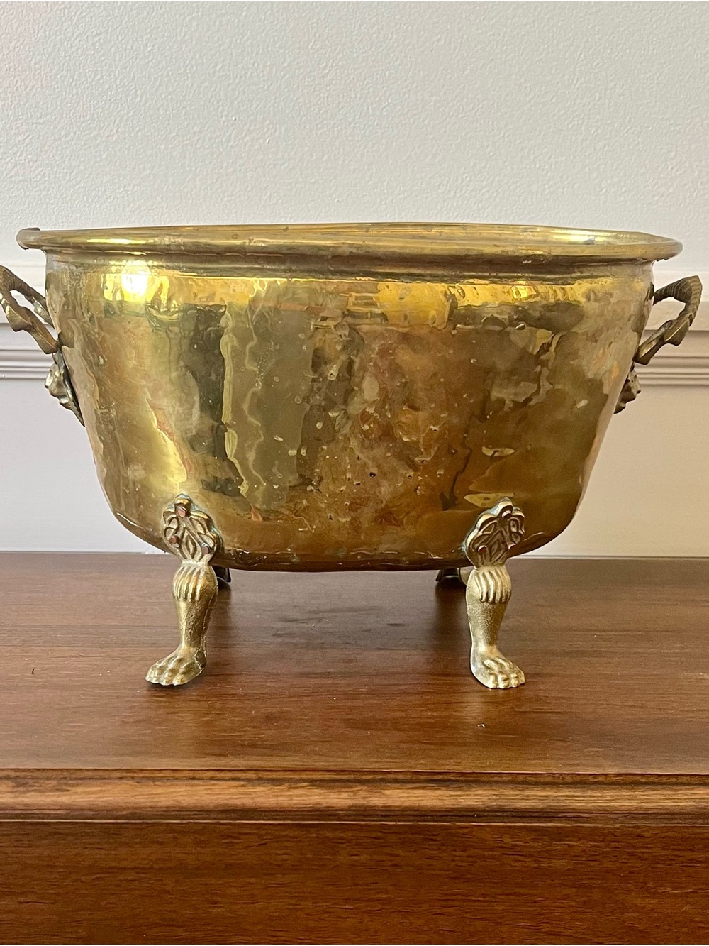 Antique English Footed Brass Cache Pot, Planter, Log Bin, Claw Foot, Ram’s Head